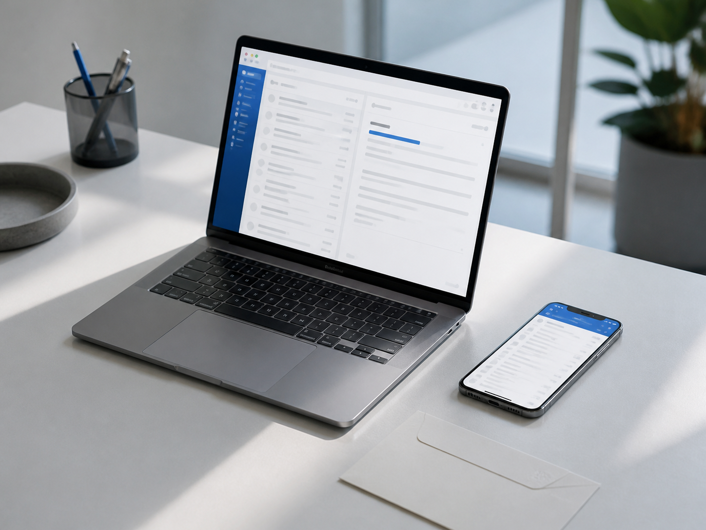 A laptop and phone displaying a coordinated professional business inbox