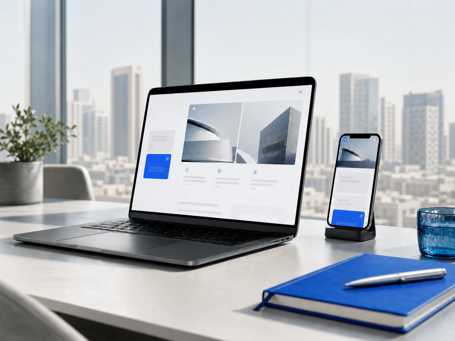 A responsive website displayed on a laptop and phone in a bright modern office