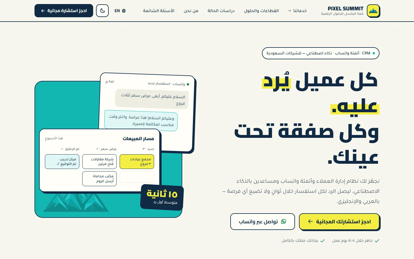 لقطة شاشة للصفحة الرئيسية لموقع قمة البكسل للحلول الرقمية