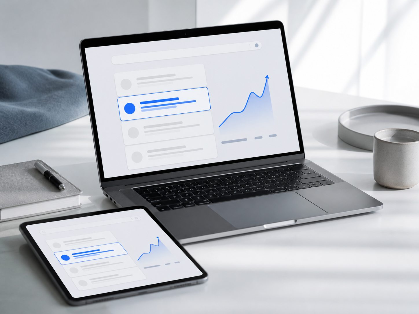 A laptop and tablet showing an abstract search results interface and improving visibility